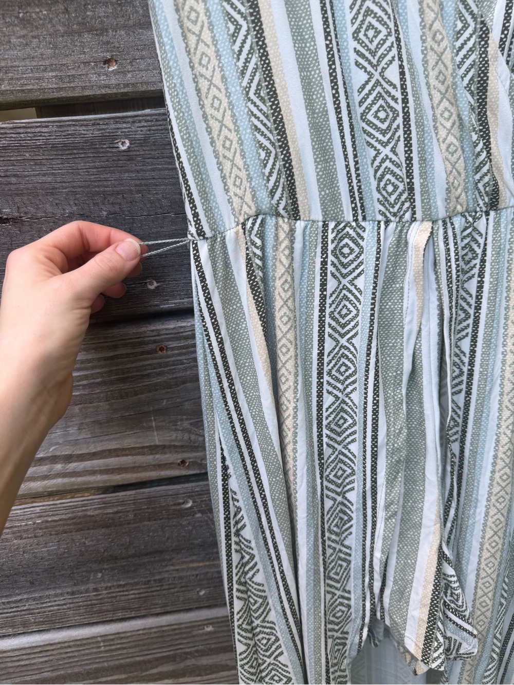 No Boundaries Sage and Cream Striped Maxi Romper Small Faux Wrap High Low Skirt - Picture 5 of 13